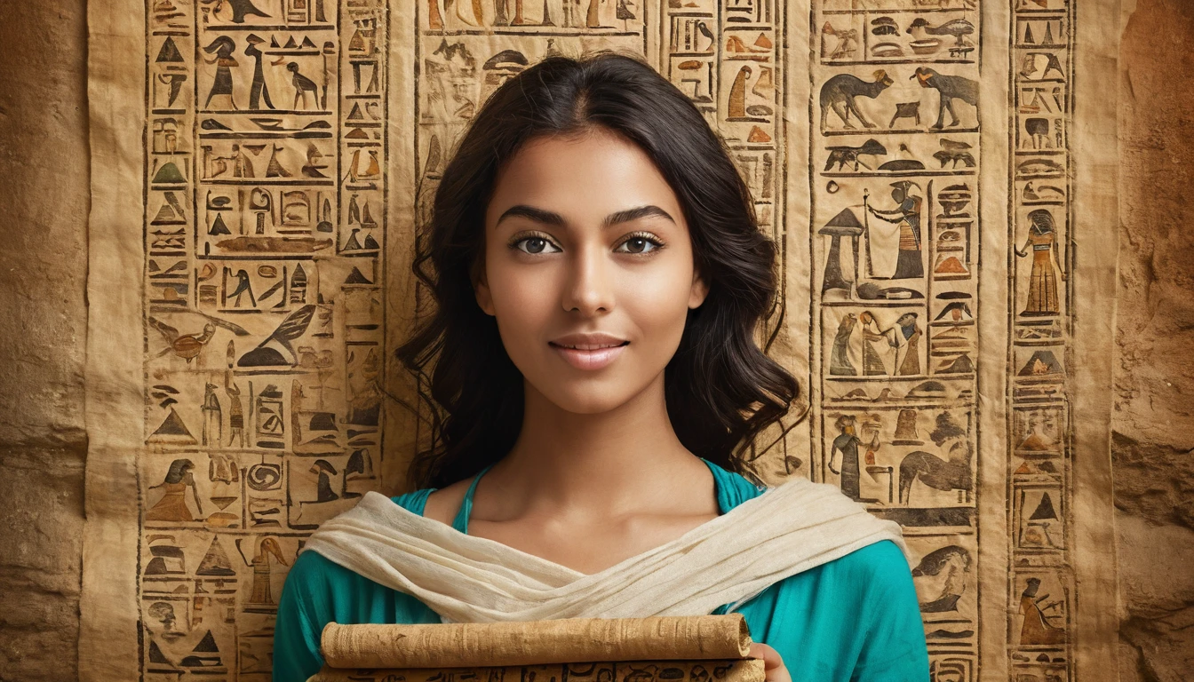 A curious young woman with a playful smile and sparkling eyes peeks over a weathered papyrus scroll covered in cryptic hieroglyphs. She's bathed in a warm, inviting light that highlights the vibrant colors of her casual yet stylish attire, subtly hinting at ancient Egyptian fashion trends. Behind the scroll, a hidden world unfolds, filled with towering pyramids, majestic sphinxes, and mysterious figures shrouded in mist. The overall palette is a balanced blend of warm and cool tones, with pops of turquoise, emerald green, and sandy beige. The image is slightly tilted, adding a playful and dynamic feel. Shot with a macro lens, focusing on the details of the scroll and the woman's intrigued expression while leaving the background slightly blurred to spark curiosity.