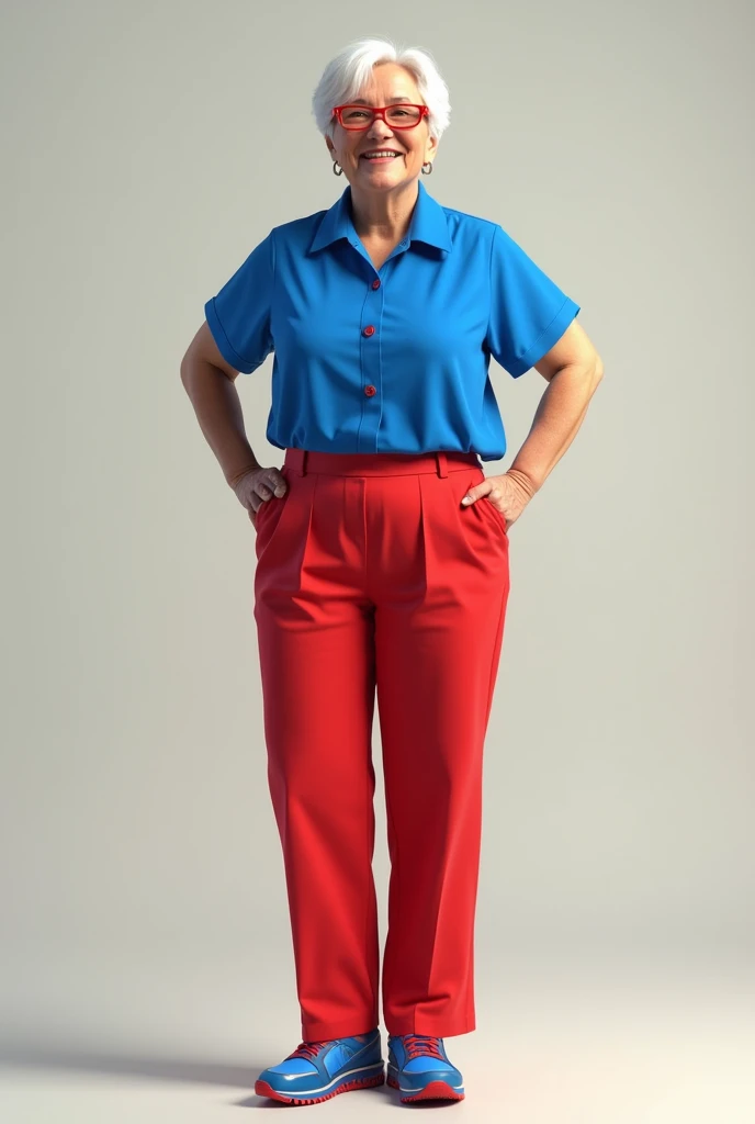 A teacher wearing a blue blouse, red long pants and blue and red sneakers with a transparent bottom.