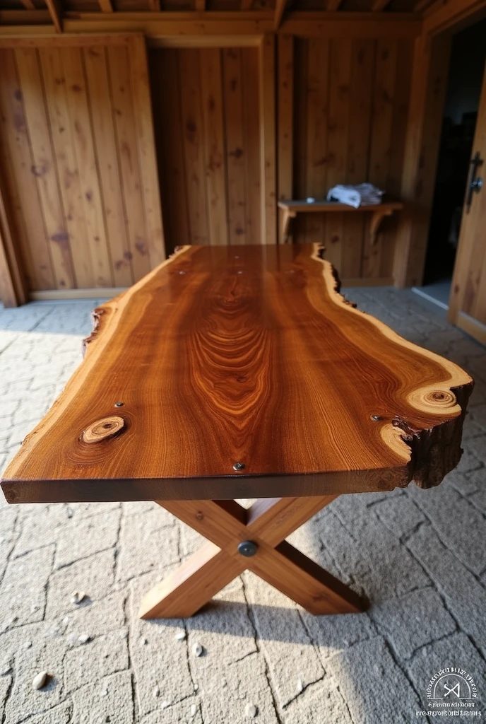 The picture shows a beautiful table made of wood, with a high gloss finish that highlights the natural texture and grain of the wood. The table surface displays a rustic and organic pattern with tones ranging from dark to light browns., almost golden, which highlights the natural beauty of the material.
The table appears to be made from a single piece of wood., preserving the natural edge of the tree, which gives a handmade and exclusive touch to the furniture. The base of the table is formed by crossed legs, also made of wood, with visible metal screws that guarantee the robustness of the structure.
The environment around the table includes a wooden structure in the background, which appears to be part of a sawmill or carpentry workshop, with doors and walls made of wooden planks. The ground is covered with a layer of small, irregular stones. The light falling on the table highlights the shine of the finish, showing the care taken in making the piece.
Furthermore, there is a watermark on the image with the text "@sawmillparaisomadeiras", which may be related to the name of the sawmill or the craftsman responsible for creating the piece.