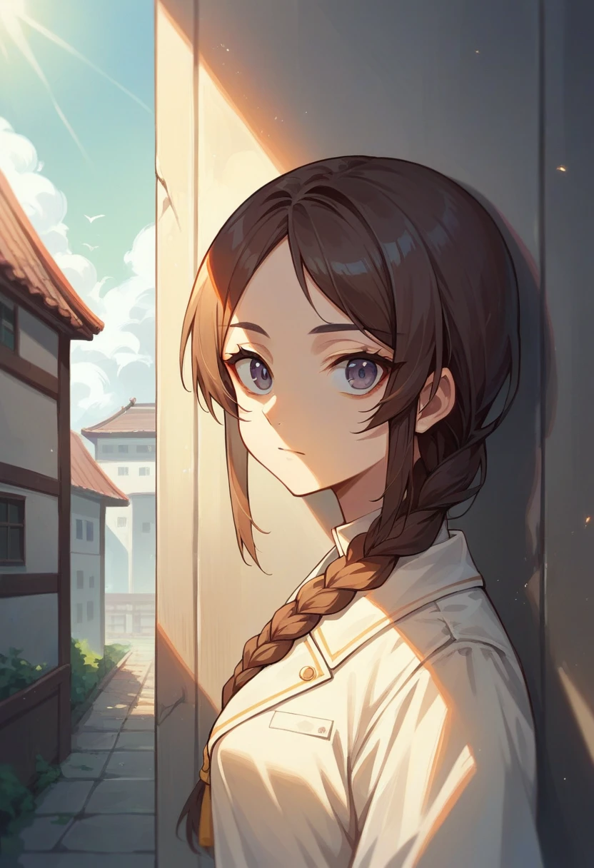 ((1girl)),((building)), braided bangs,braided ponytail,(solo:1.2), balck hair, ,looking at viewer, sunlight,hanfu, chengqiang,