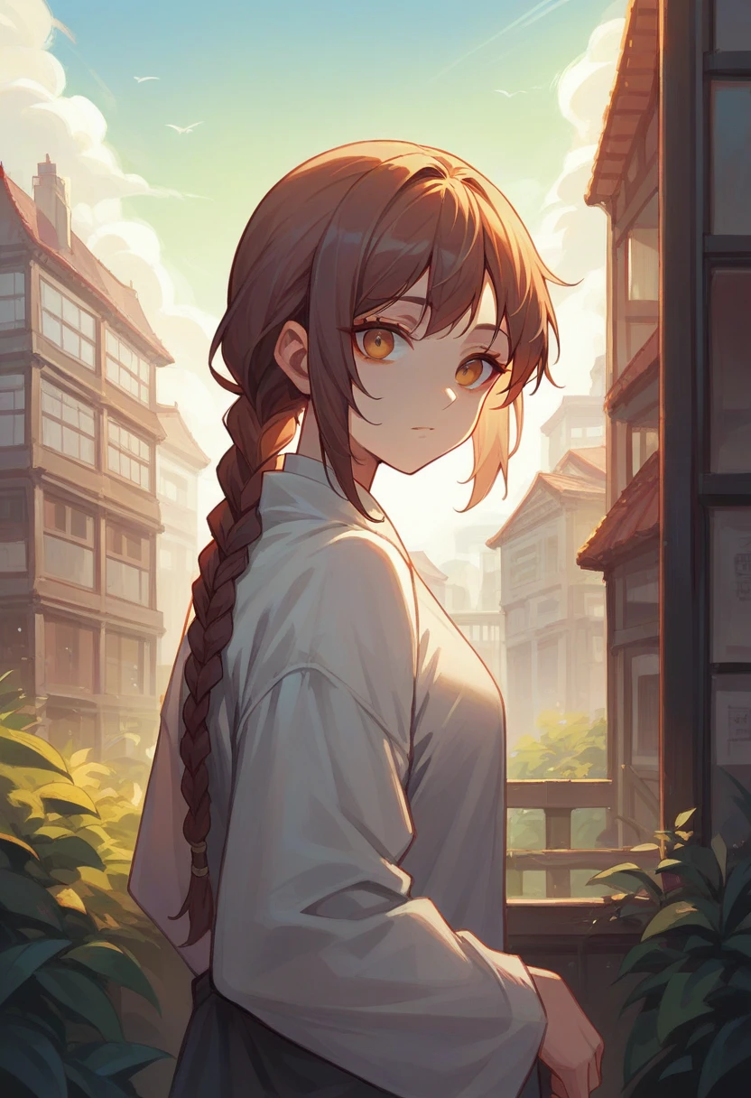 ((1girl)),((building)), braided bangs,braided ponytail,(solo:1.2), balck hair, 16yo,looking at viewer, sunlight,hanfu, chengqiang,
