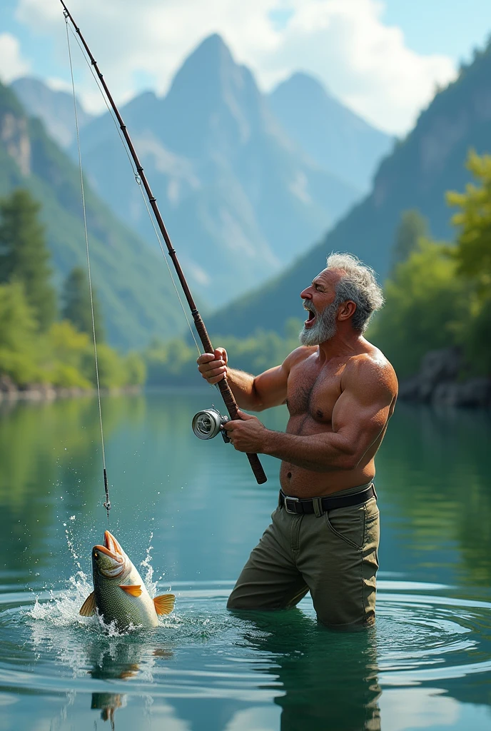 A middle-aged man catches a fish at the lake，Excited expression，Adding details，Clarity Enhancement，Detail Enhancement，Extremely high resolution,