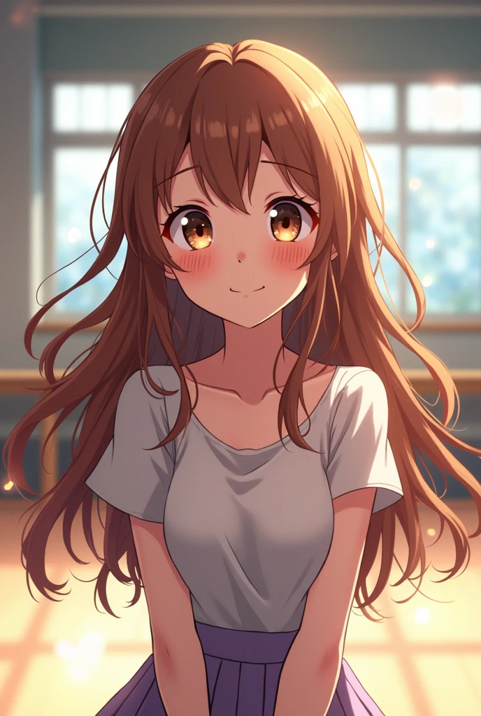 Takagi、1 woman、key: 155cm、long hair、brown hair、Forehead parting、brown eyes, pieces fly away、whole body、best quality、volume light、Highly Detailed CG Unity 8k Wallpaper、The background is a dance studio.、light、fancy、Magic Spark、Women smell、fart、pudency、blush、There's gas coming out of my butt.、얼굴을 긴장시key다、laborious、whole body写真、high school student、Ass attack、completely naked