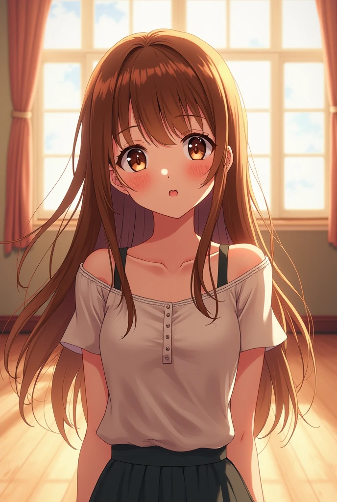 Takagi、1 woman、key: 155cm、long hair、brown hair、Forehead parting、brown eyes, pieces fly away、whole body、best quality、volume light、Highly Detailed CG Unity 8k Wallpaper、The background is a dance studio.、light、fancy、Magic Spark、Women smell、fart、pudency、blush、There's gas coming out of my butt.、얼굴을 긴장시key다、laborious、whole body写真、high 、Ass attack、completely naked