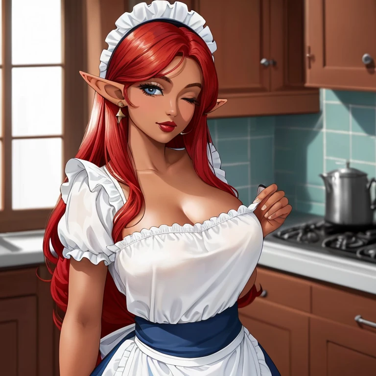 ((ultra quality)), ((Masterpiece)), ((8K)), ((elf house worker)), ((long red hair)), (Beautiful face), (Dark lips), charming, ((sexy facial expression)), looks at the camera, eyes closed a little, (skin color dark blue), (dark blue skin), glare on the body, ((detailed beautiful female eyes)), ((Light blue eyes)), (beautiful female lips), (dark eyeliner), (beautiful female hands), ((Ideal female figure)), Ideal female body, beautiful waist, beautiful hips, Medium breasts, (cloth: housemaid costume), ((subtle and beautiful)), stands temptingly (face close up), background: big fantasy, house kitchen, ((depth of field)), ((high quality clear image)), (clear details), ((High detail)), realistically, ((Clear Focus))