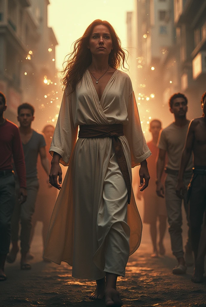 (photorealism:1.2),  woman in the midst of people who want to harm her surrounded by suffering with a protective force field that the Holy Spirit generates in today&#39;s civilization 