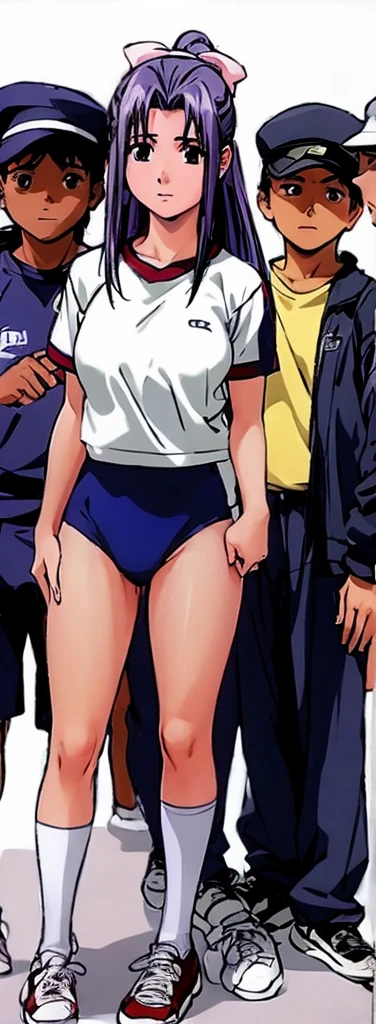 Momoko Koigakubo, with her beautiful legs, stands in a white gym uniform and light navy blue bloomers that look like panties.。A person wearing a tracksuit is standing next to Momoko Koigakubo and is being held by Momoko Koigakubo.。