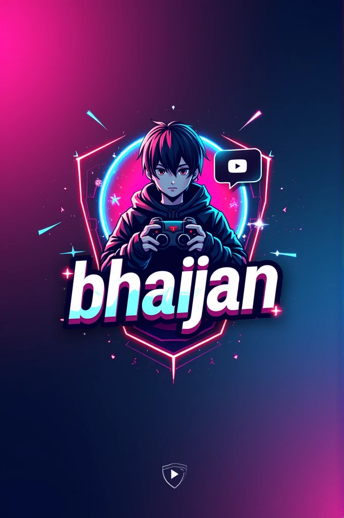 This is a gaming logo that features the name "Bhaijan" in a futuristic font and a pink blue colour and boy Anime avtar, The logo also hasa stylized controller icon and a You tube play button in the background. The logo is designed to be attractive and eye-catching,, and to appeal to gaming enthusiasts and You Tube viewers. I hope like it.