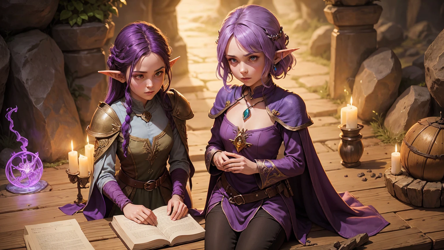 dungeons & dragons rpg very young female short and purple skin and fey halfling with very small pointed ears, sorcerer casting spell, full body image