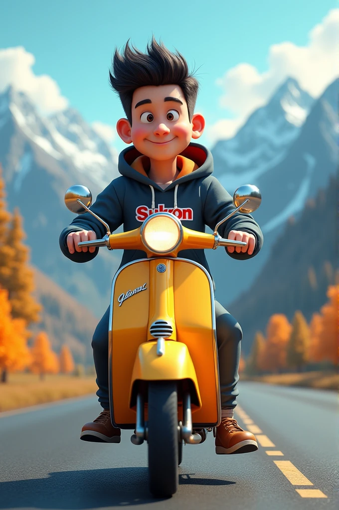 A 3D caricature photo of a young man with neat hair, wearing a hoodie with the words Sukron, riding a classic Vespa motorcycle on an asphalt road, with a mountain background, realistic image, full ultra hd detail. Use the RenderMan renderer. 3D. digital art. High definition, high contrast, high color saturation.