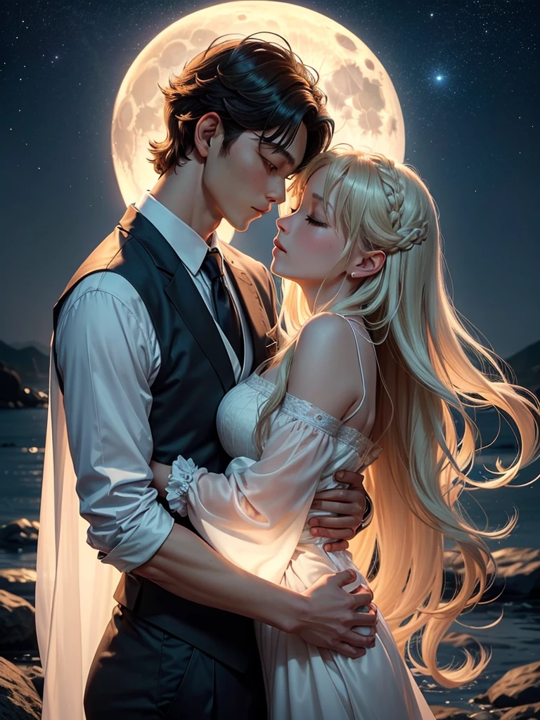 image shows Usagi and Mamoru in a romantic scene under the night sky. Mamoru is holding Usagi in his arms gently as they both look up at the full moon shining brightly in the sky. Usagi, with her long blonde hair flowing, has a serene and passionate expression, snuggled up against Mamoru, who is dressed in a dark, elegant outfit. He watches her fondly, as the silver light of the moon softly illuminates them both. In the background, the starry sky creates a magical and ethereal atmosphere, highlighting the deep bond between them, full of love and protection, as if time had stopped at that moment.