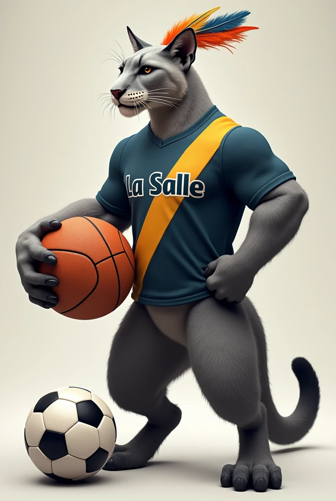 Andean puma lead, standing on two legs, with a lead-colored athletics shirt and stepping on a soccer ball and in the other front paw holding a basketball, on the head that has a feather ribbon, on the shirt on the chest that has the word La Salle diagonally, But it has to be a puma from the Andes of Peru
