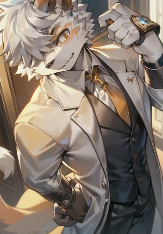high quality,masterpiece,White fur,Orange fur,Handsome,hansome,Silver hair,White male cat,Wearing a suit,full-body shot,stand up,With eyes,With watch