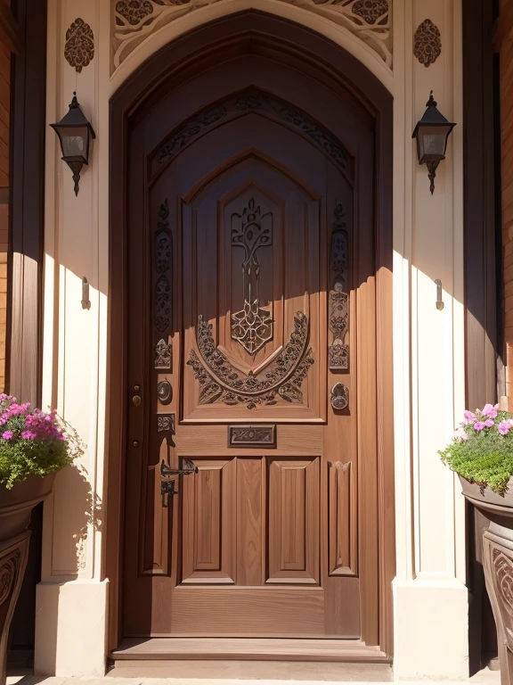 (entrance door in Gothic style),(wooden and metal),(with carved arabesques of flowers)