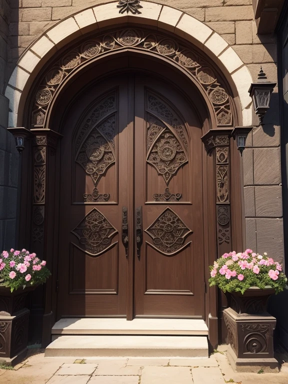 (entrance door in Gothic style),(wooden and metal),(with carved arabesques of flowers)
