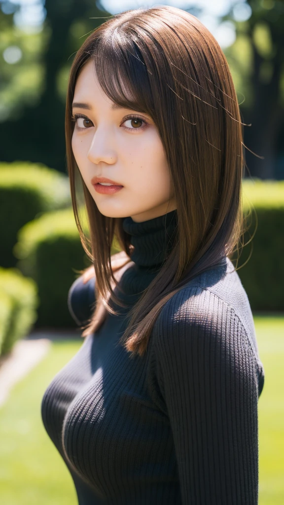 A beautiful girl in a garden, elegant pose, (best quality,4k,8k,highres,masterpiece:1.2),ultra-detailed,(realistic,photorealistic,photo-realistic:1.37),digital art, intricate, 8k wallpaper, stunning, exquisitely detailed, masterpiece, official art, incredibly detailed digital art 8k wallpaper, incredibly surreal, large file size, extremely detailed, high resolution, incredibly detailed, beautiful detailed girl, realistic, frontal view, outdoor, turtleneck top, skirt, dramatic lighting contrast