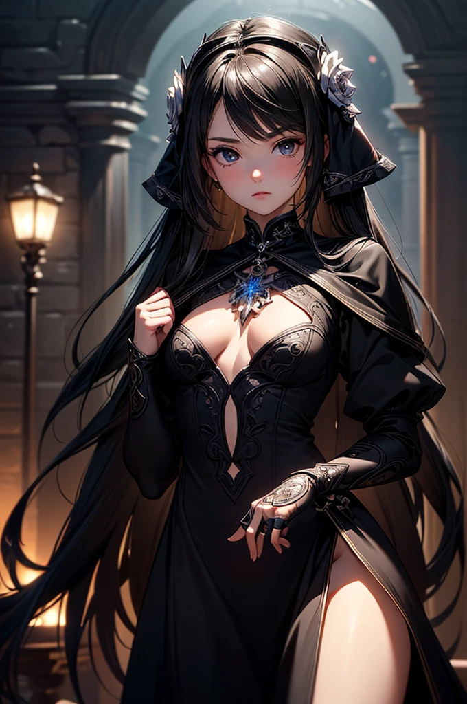 ((masterpiece, best quality, ultra-detailed, high resolution, extremely detailed CG, super detailed, Most beautiful clean lighting)), 1girl,  girl, young, cute girl, pretty face, white skin, Beautiful black long hair, black eyes, kawaii, slender, small build, small breasts, Fantasy world, world of death, black dress, skeletons, necromancer, necromancer.