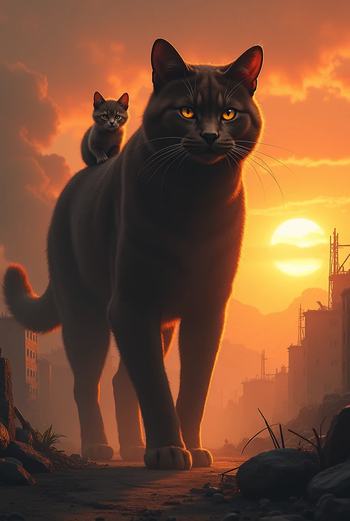 Giant Cat and Kitten Leaving**: The giant chocolate cat walks away from the destroyed village, its kitten perched safely on its back, both heading toward the horizon under a glowing sunset.