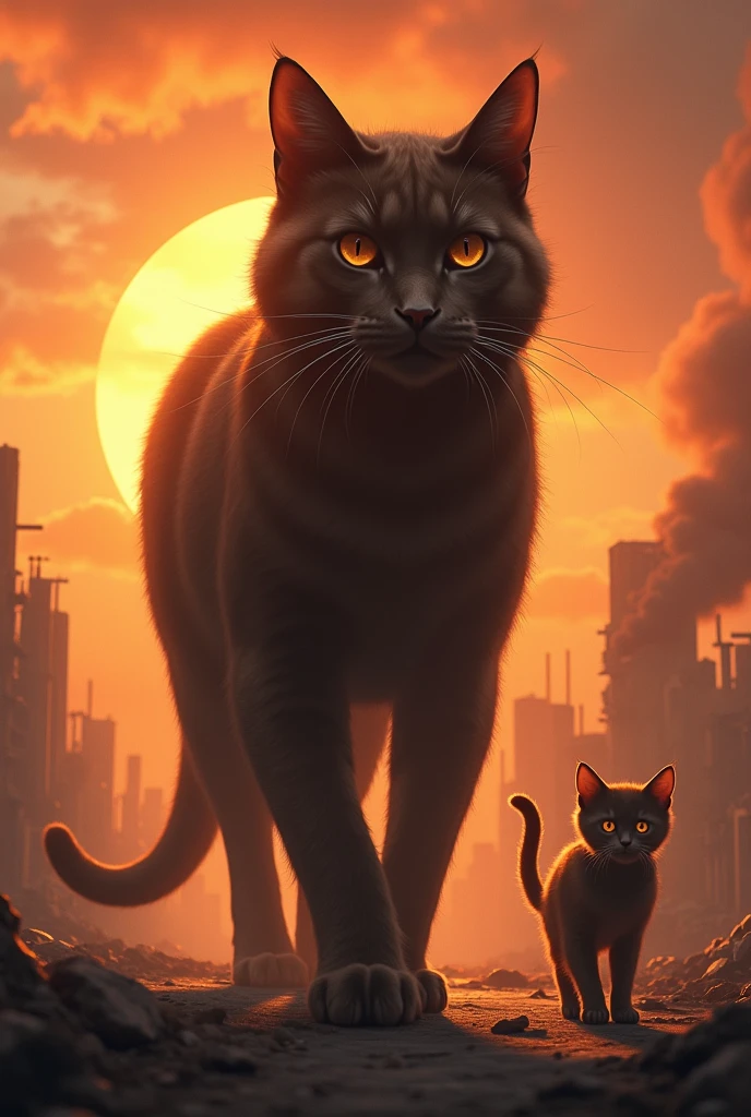 Giant Cat and Kitten Leaving**: The giant chocolate cat walks away from the destroyed village, its kitten perched safely on its back, both heading toward the horizon under a glowing sunset.
