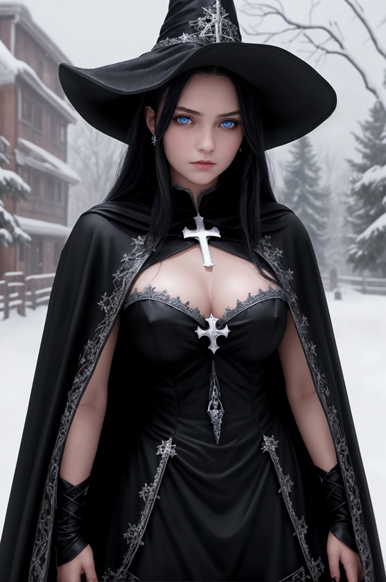 1 girl, evil, ager(1.3),, with black hair and blue eyes, detailed face, angelical face,cleavage, small breasts, dress with cape, desing with christian cross ,witch background in snow in prussia