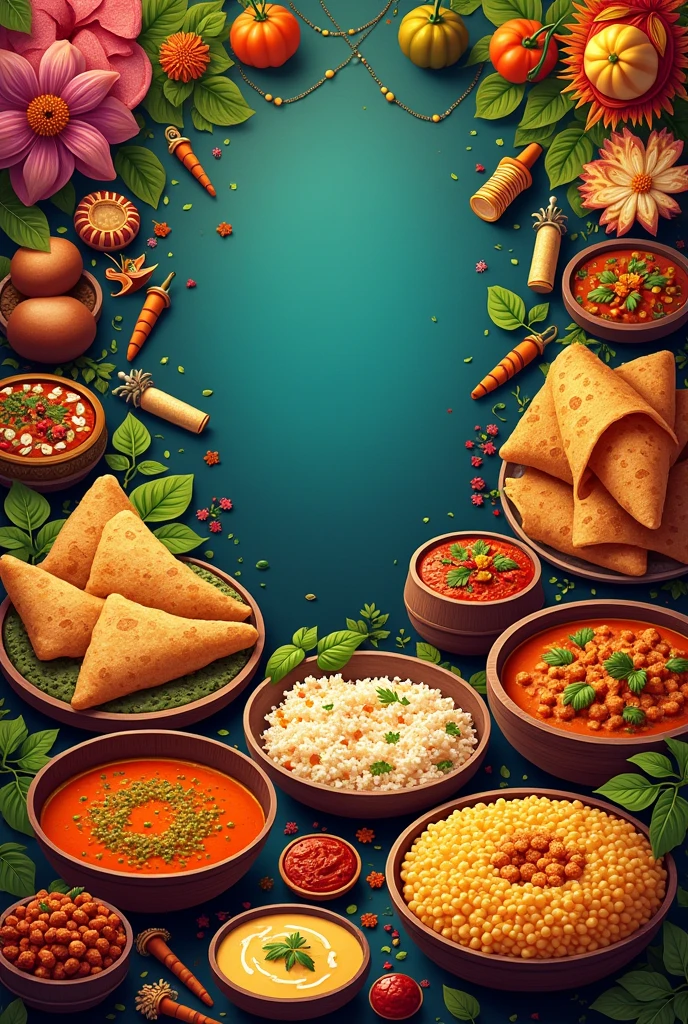 Make me a poster backgroud which constist an south indian restaurant and has many south indian snacks and dishes arranged all aroud the image. It must me verry chourfull showing the diverse southindian foods and snacks
