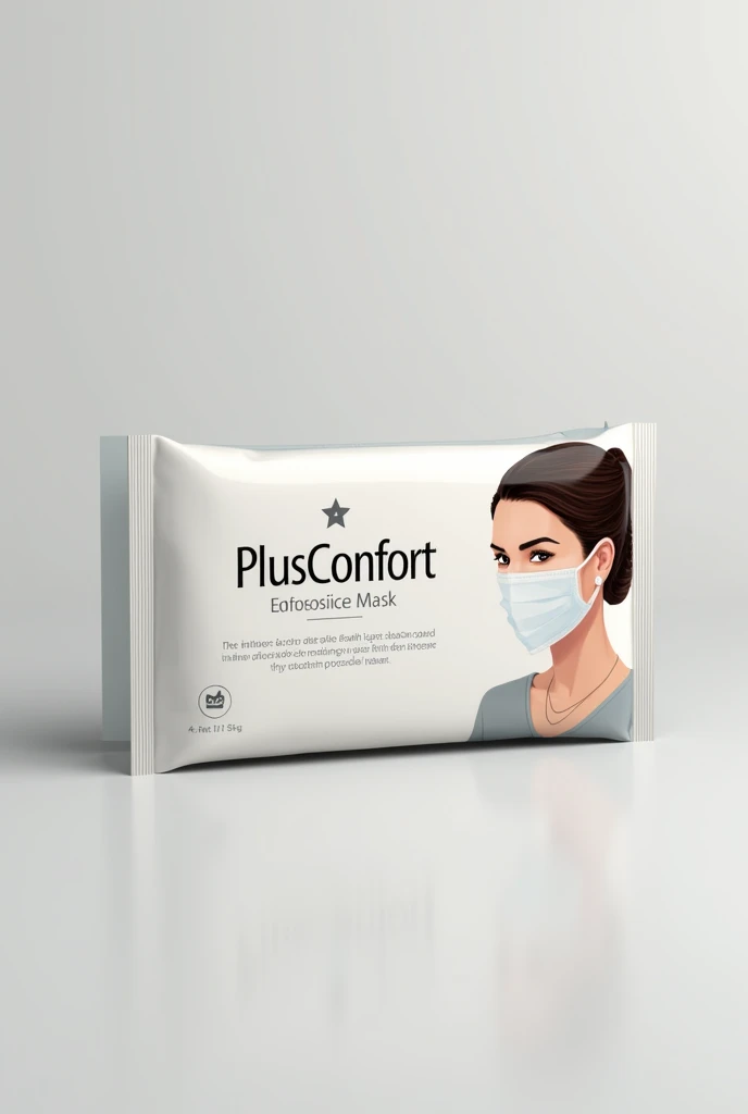 Create a disposable mask box packaging with the name plusconfort and a woman wearing a mask on the cover