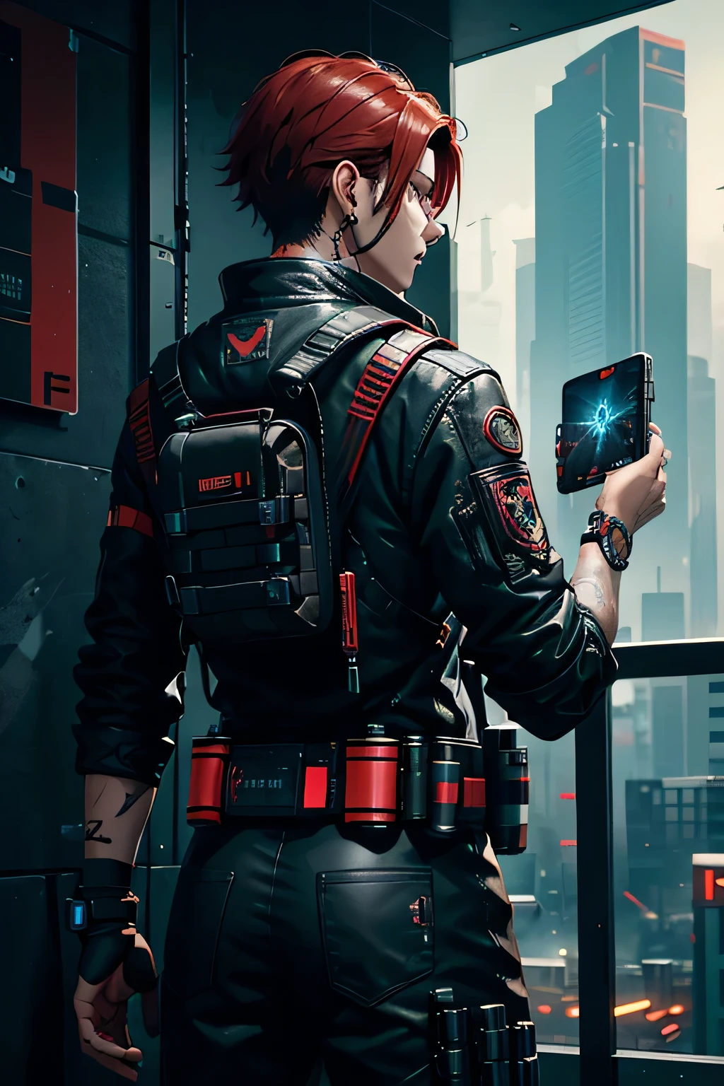 Red haired drone technician set in cyberpunk2077, Asian Italian male in his 30s, A The Division-style backpack with a station for launching drones., On the left wrist is a touchpad-style controller for controlling the drone., Both arms have protruding, machine-like artificial blood vessels from the back of the hand to the shoulder.. Leather harness to store pistol and magazine on waist and chest, Small drone on head, A scout who hides behind cover and observes the battlefield., In-ear earphones, Pistol in hand