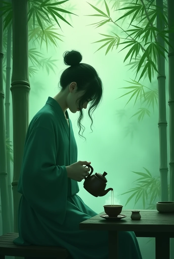 Emerald green but hazy,，real picture，Bamboo Indoor，A person holding a teapot pouring tea into an empty cup，Very detailed，HD，Clear details
