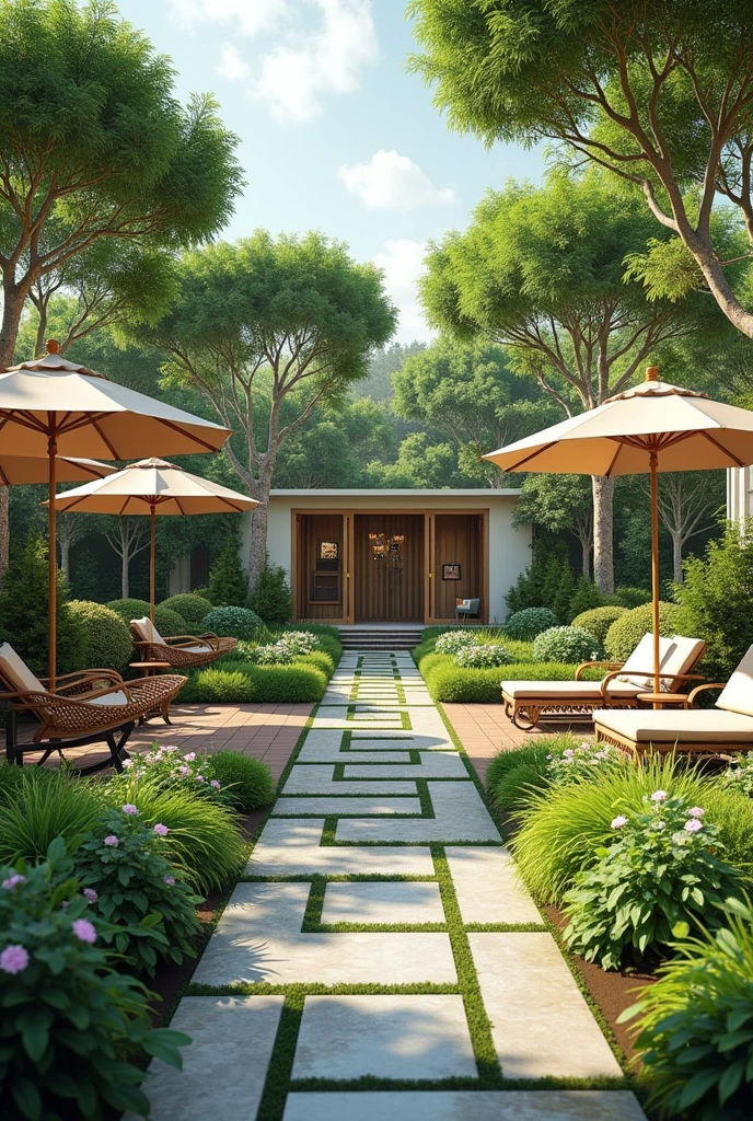 an outdoor coworking space based on nature, I want it to be full of trees, feel comfortable, but it is also practical for work, that you feel a comfortable and peaceful space. Let it be a garden with fountains and flowers, and comfortable work spaces. Must have spaces suitable for working with computers, must have umbrellas or comfortable capsules. Also that it has hammocks, small huts where you can workeg Rutkowski, by Alphonse Mucha