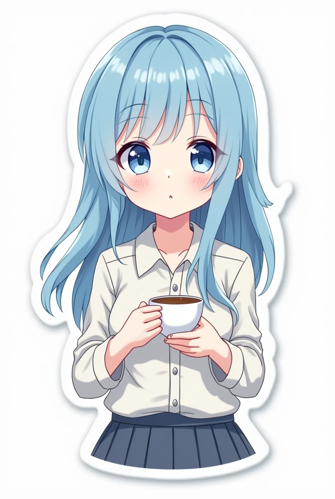 Anime girl with long hair and blue eyes in shirt and skirt, Cute anime girl, Cute anime face, extremely cute anime girl face, Anime visuals of cute girls, portrait of cute anime girl, portrait of cute anime girl, cute kawaii girl, portrait of cute anime girl, kawaii anime manga style, cute anime style, cute anime girl, splash art anime , anime, anime style, Sticker, surrounded by white outline, on transparent background, Drinking a cup of coffee