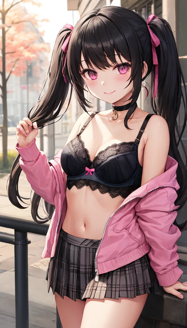 (masterpiece), (best quality), highly detailed, absurdres, very aesthetic, soft light, 1girl, (:1.2), small breasts, (black hair:1.2), twintails, full bangs, (pink eyes:1.1), (black lace bra:1.2), (pleated plaid skirt:1.1), hair ribbon, off shoulder, (pink jacket:1.2), choker, smile, outdoors, park,
