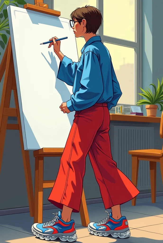 A teacher drawing wearing a blue blouse, red long pants and blue and red sneakers with a transparent bottom.