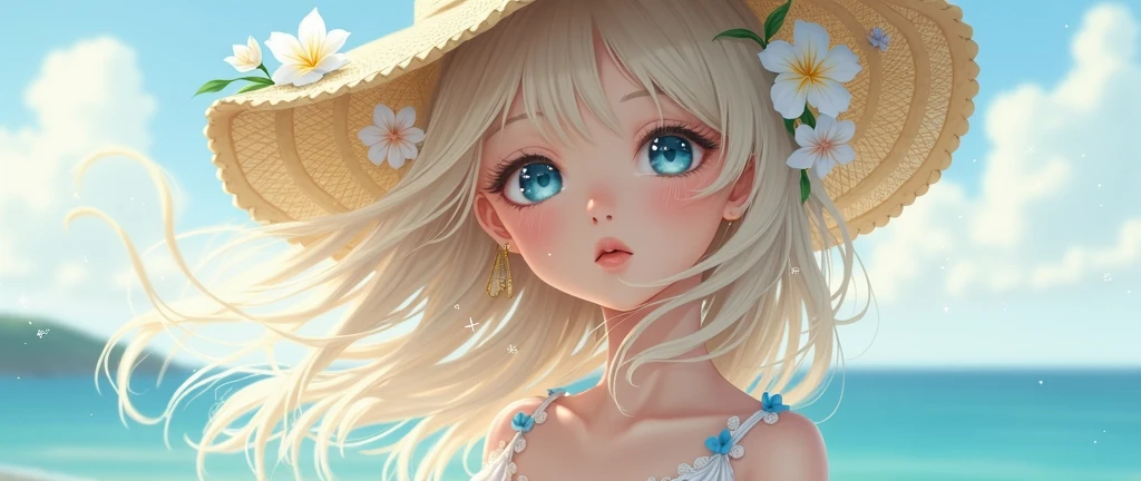 a delicate and ethereal illustration of a young woman with flowing platinum blonde hair, gently swaying in the breeze. She is adorned with a wide-brimmed straw hat, decorated with white and pale blue flowers, evoking a serene, summery atmosphere. The scene is set against a soft, pastel-colored seaside background, with subtle light play emphasizing her porcelain-like skin. Her large, expressive blue eyes are filled with a calm, reflective gaze, and her attire is a white, lacy dress with floral embellishments, enhancing the airy and tranquil mood. The overall style is highly detailed, with a focus on soft, diffused lighting, creating a dreamlike, almost otherworldly ambiance. The image captures a moment of quiet introspection, blending realistic elements with a slight touch of anime-inspired aesthetics.