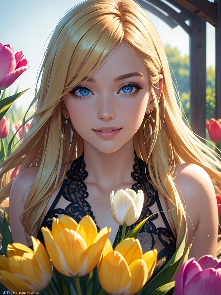 (Best quality,ultra detailed,photorealistic:1.37),Bright and rich colors,studio lighting,playful facial expression,stylish makeup,Long blonde hair fluttering in the wind,inviting eyes,glossy lips,sexy pose, Tulips, I smile confidently and seductively,posing for a professional photo shoot,shallow depth of field,highlighting the main subject,soft natural light,Creating a dreamy and magical atmosphere.
