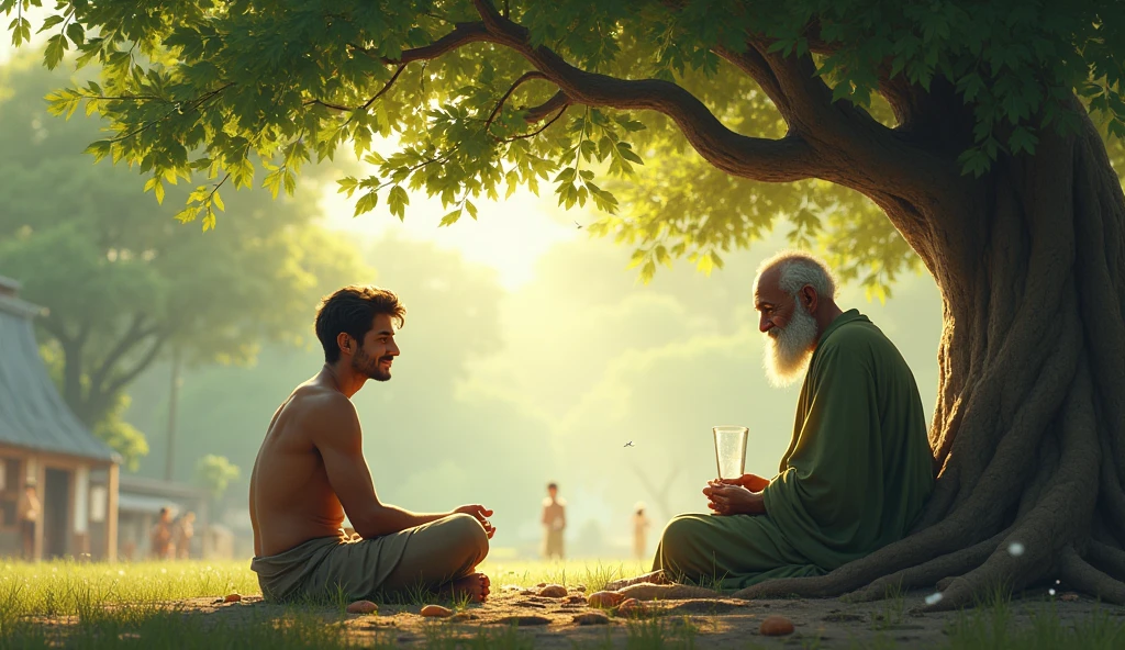 "The young man, now sitting on the ground, looks relieved and calm as he places the glass of water down on the earth. The wise elder smiles kindly, watching as the young man gains a sense of peace and understanding. The banyan tree continues to provide shade, and a gentle breeze stirs the leaves, symbolizing the young man's newfound clarity. Other villagers watch from a distance, quietly appreciating the elder's wisdom."
Each prompt captures the emotional journey of the story, from the young man's initial distress to his moment of realization, all set against the backdrop of a peaceful village and the wise elder’s guidance.