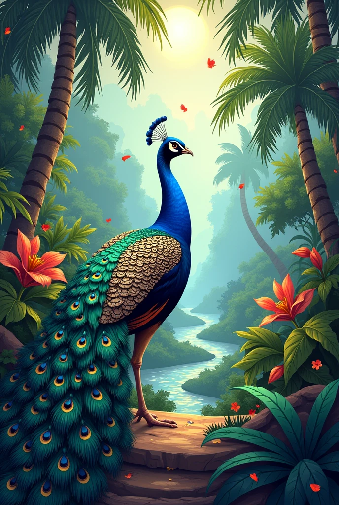 A double-page spread illustration of Peacock strutting forward, his
tail feathers fanned out in a dazzling display of colour and beauty. In a colourful jungle