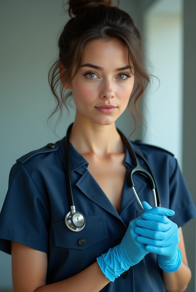 une femme brune, yeux marrons, cheveux attaché en chignon. Elle est commandant médecin au sein de l'armée française. Sa tenue laisse apercevoir son joli décolleté. Elle a un stéthoscope sur les oreilles et est en train d'enfiler des gants en latex bleus en regardant la camera.