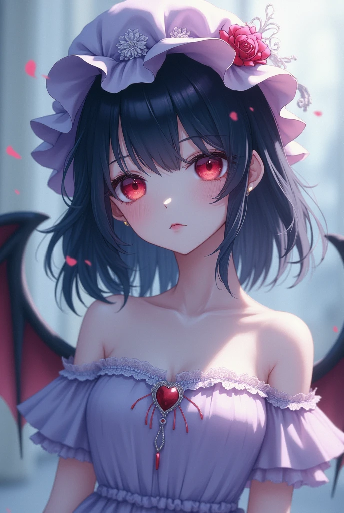 vampire Girl Pale blue, medium length Red eyes It has wings A hat with frills She is wearing a light purple dress with a hint of pink. The skin area is small Less exposure White skin Small breasts