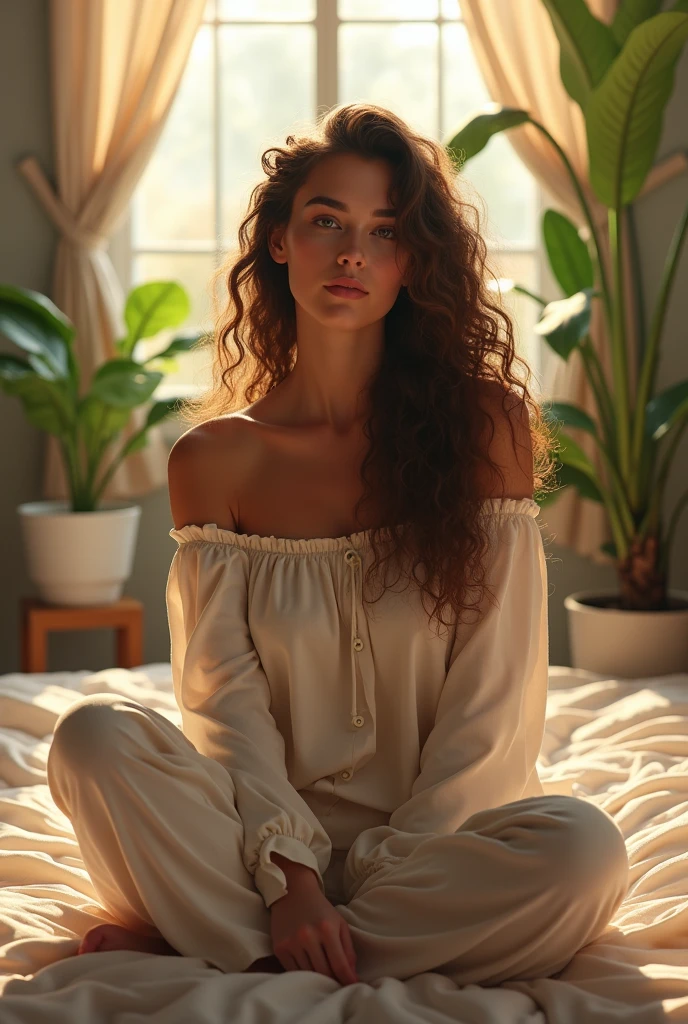 (photorealism:1.2), beautiful woman, sitting on bed, wearing loose off-shoulder top, pajama pants, long curly hair, indoors, soft lighting, plants in background, window with sunlight, cozy room, relaxed pose, realistic, intricate details, warm colors, by Greg Rutkowski, by Alphonse Mucha