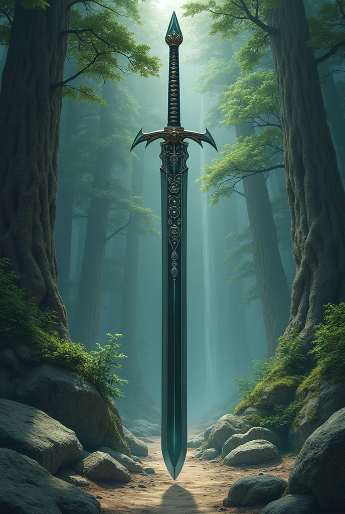 a majestic and precious dark gray and dark green sword with little circles on the blade. The background is a forest and rocks drawn in a traditional Japanese style