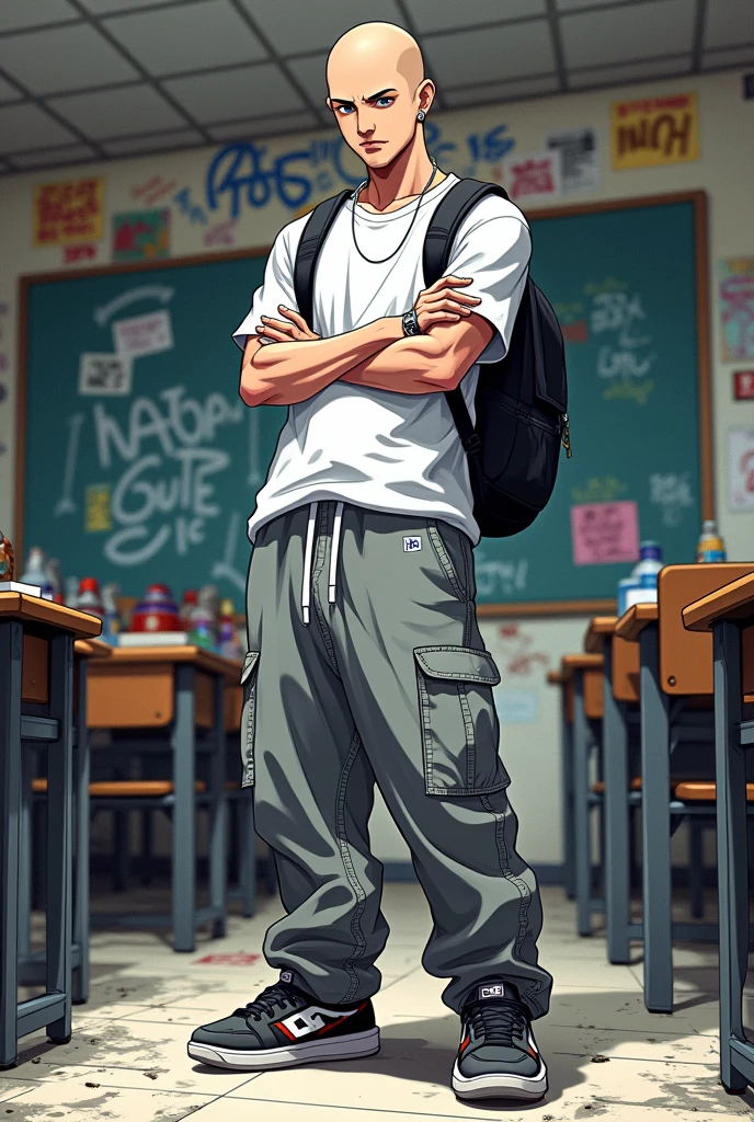 Make me an image of a character with a hat, white t-shirt, baggy gray pants (jnco style) and DC Curt Grafic sneakers with a black backpack and who is bald, with his arms crossed, and in the background a classroom that is all messy, the walls graffitied with tags and anime style