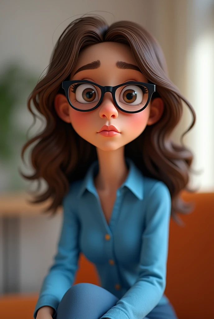 Cartoon character of a brunette woman in black glasses and a blue shirt, an animated character, stylized character, animation style rendering, 3d stylized, Arnold Maya rendering, Stylized 3D rendering, toon render screenshot, 3d character, 3d character, Stylized 3D rendering, 3D character rendering, cartoon character, Personagem de close up, character posing, (Pixar-style) (master part:1.2) (bokeh) (best qualityer) (skin detailed) (detailed texture) (8k) (Argilla) (cinematic lighting) (sharp focus，Sit down and lift your upper body