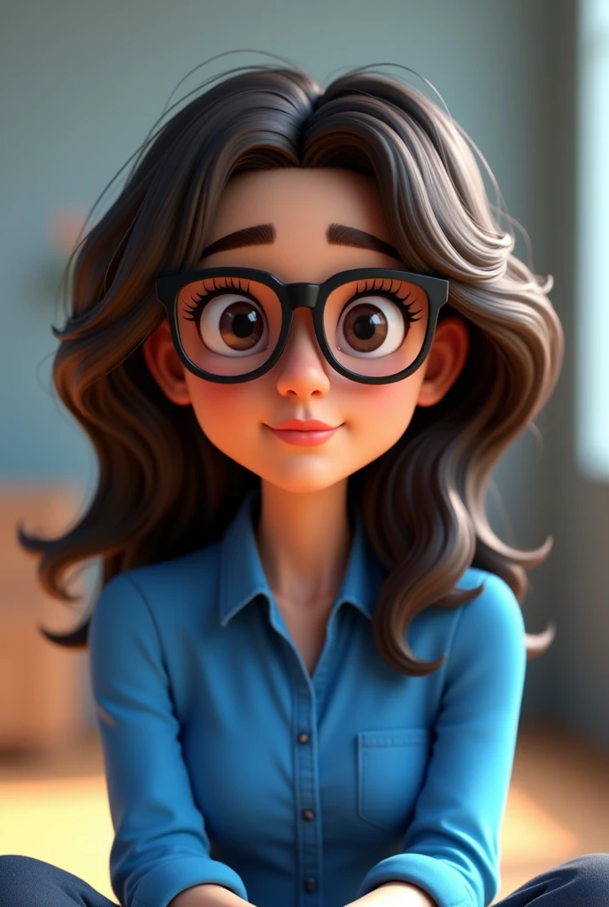 Cartoon character of a brunette woman in black glasses and a blue shirt, an animated character, stylized character, animation style rendering, 3d stylized, Arnold Maya rendering, Stylized 3D rendering, toon render screenshot, 3d character, 3d character, Stylized 3D rendering, 3D character rendering, cartoon character, Personagem de close up, character posing, (Pixar-style) (master part:1.2) (bokeh) (best qualityer) (skin detailed) (detailed texture) (8k) (Argilla) (cinematic lighting) (sharp focus,Sit down and lift your upper body