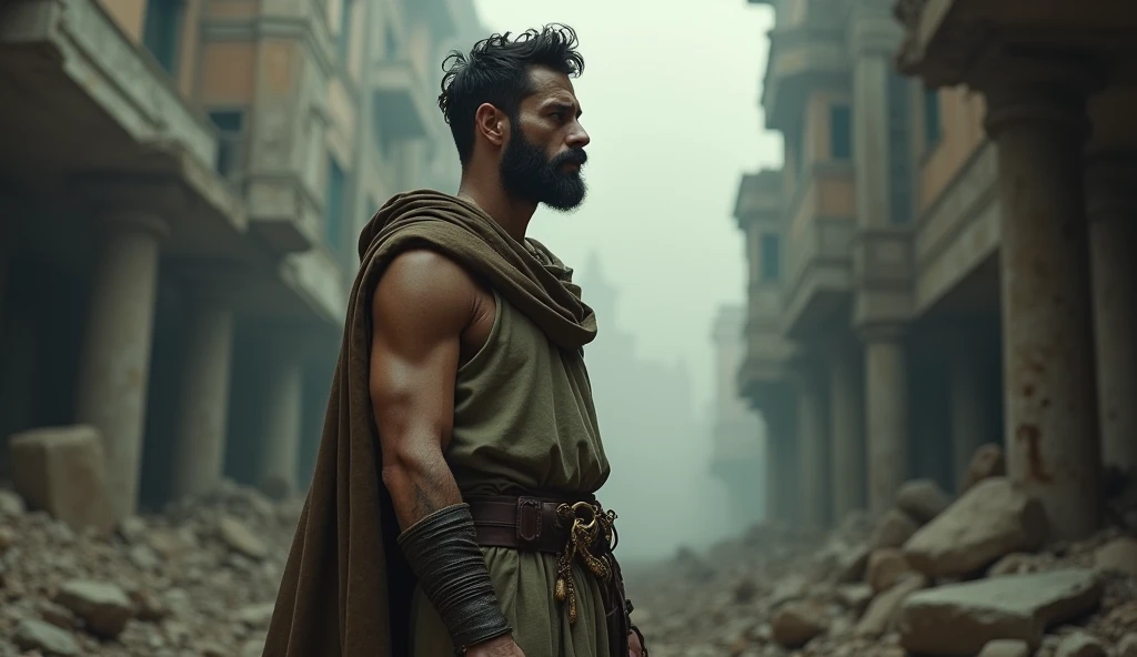 The scene depicts a male stoic philosopher with a well-proportioned, attractive physique, standing in a dark, desolate cityscape after a profound betrayal. His classic tunics in muted, earthy tones—grey, brown, and olive green—are now tattered and stained, with subtle gold or copper accents that are barely visible. His very short, well-groomed beard and wavy, stylized hair are disheveled, reflecting his emotional turmoil. The environment is chaotic and oppressive, with broken structures and darkened skies. Dramatic, angled lighting casts deep shadows across the scene, emphasizing the philosopher's anguish and the textures of the crumbling surroundings. A strong vignette and touch of grain enhance the somber, timeless effect of the image.