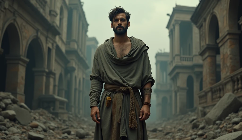The scene depicts a male stoic philosopher with a well-proportioned, attractive physique, standing in a dark, desolate cityscape after a profound betrayal. His classic tunics in muted, earthy tones—grey, brown, and olive green—are now tattered and stained, with subtle gold or copper accents that are barely visible. His very short, well-groomed beard and wavy, stylized hair are disheveled, reflecting his emotional turmoil. The environment is chaotic and oppressive, with broken structures and darkened skies. Dramatic, angled lighting casts deep shadows across the scene, emphasizing the philosopher's anguish and the textures of the crumbling surroundings. A strong vignette and touch of grain enhance the somber, timeless effect of the image.