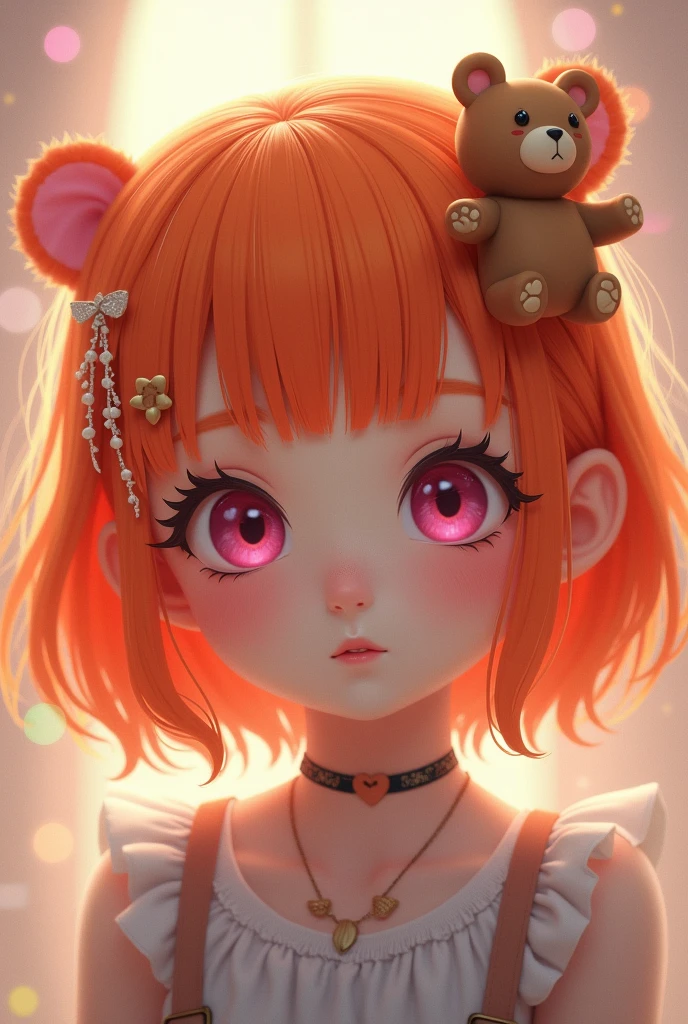 A girl cute , orange colour hair , hair pin teddy  design, pink use colour eye black dark,