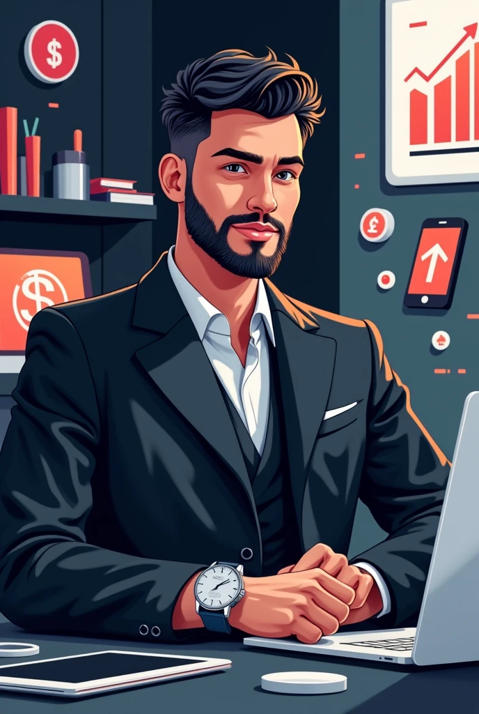 A modern, vibrant design featuring a professional man in coat suit with fade beard and moustache and a wrist watch in his hand(late teens to early twenties) sitting in front of a laptop of hp, surrounded by symbols of online success (e.g., a growing graph, a smartphone with a rising arrow, a tablet with a dollar sign). The background could be a subtle gradient of a office room black and whites, conveying a sense of technology and innovation.