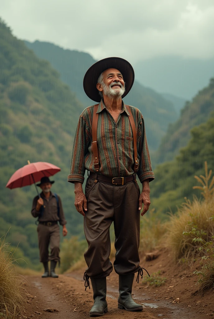 happy elderly man looking at the sky with a northeastern cowboy costume holding an umbrella in the background of the cangaço of the northeast with rain falling