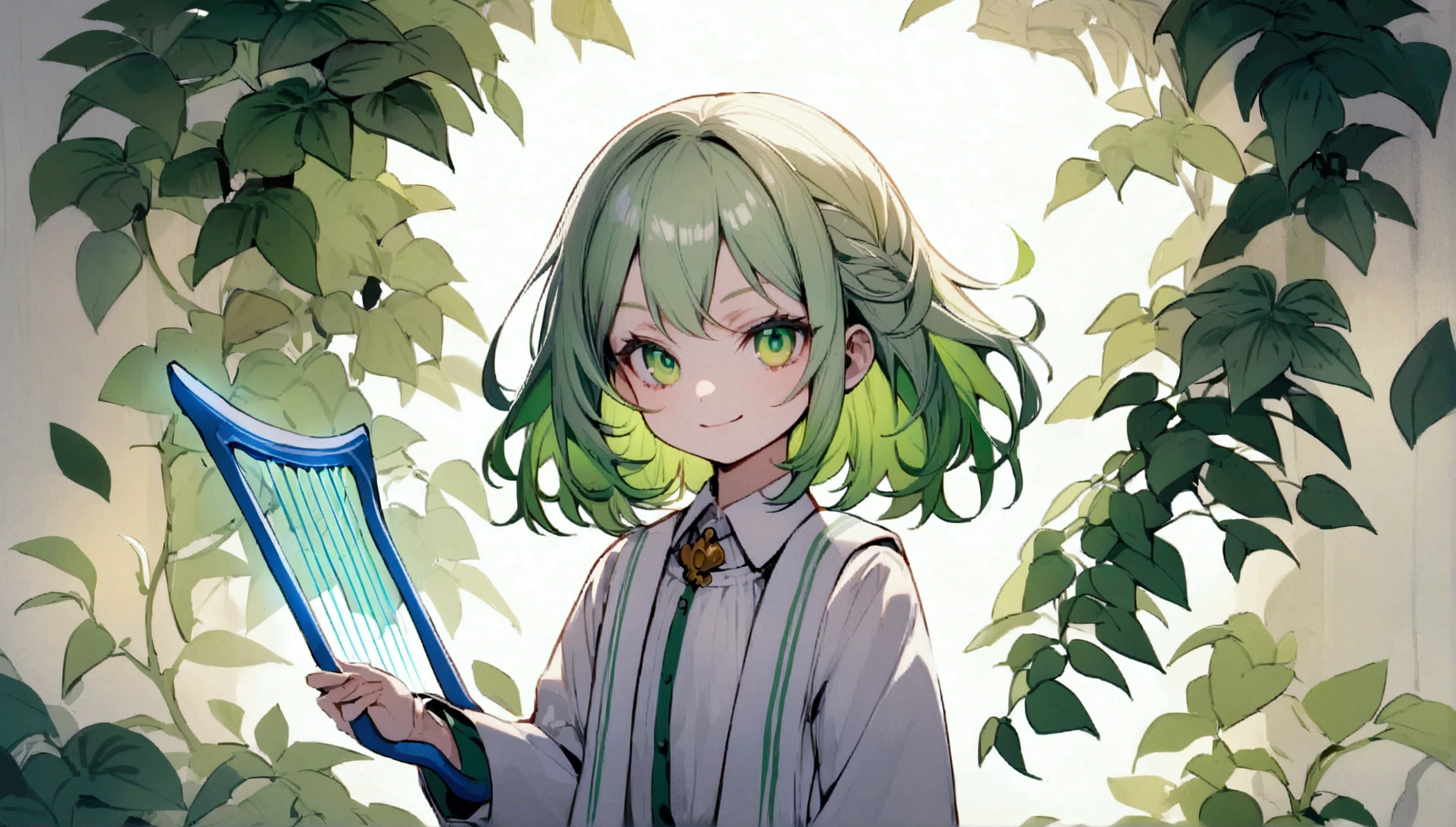  girl, tidy hair, medium length hair, multicolored white and green hair, innocent smirk, greeneyes, white  shirt, school blue jacket, white tattoos on the body, holding a magic harp, leaf aura 