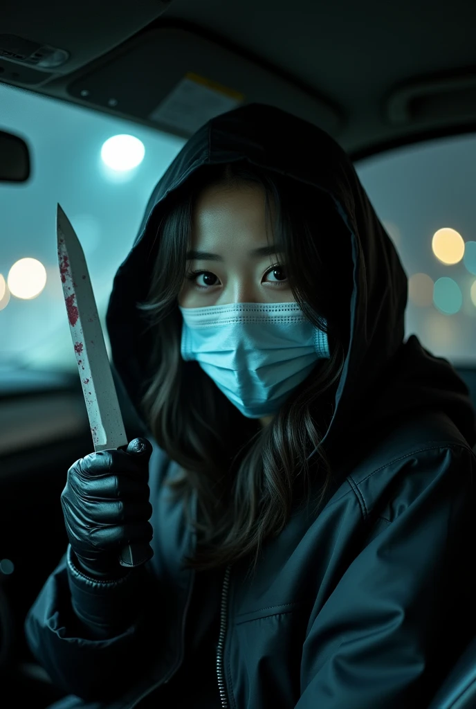 korean girl, (surgical mask, holding knife), black leather gloves, in the car, black raincoat, hood up, holding knife, leather gloves, looking at viewer, blood splatter, night, mass murderer, killer, wave hair, blood splatter, dark atmosphere, cinematic lighting, atmospheric realistic,